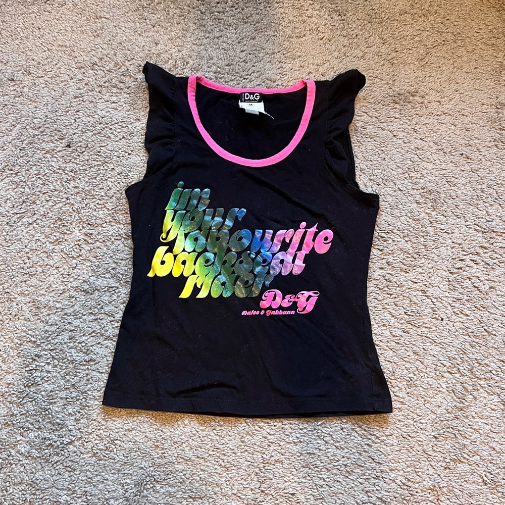 D&G Vintage Black Neon Multi Graphic Slim Tank T-Shirt size medium